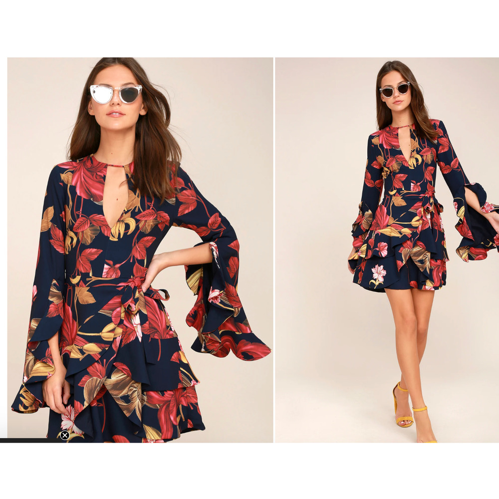C/ MEO Dress Women Small Gossamer‎ Navy Blue Floral Print Long Sleeve Wrap Mini